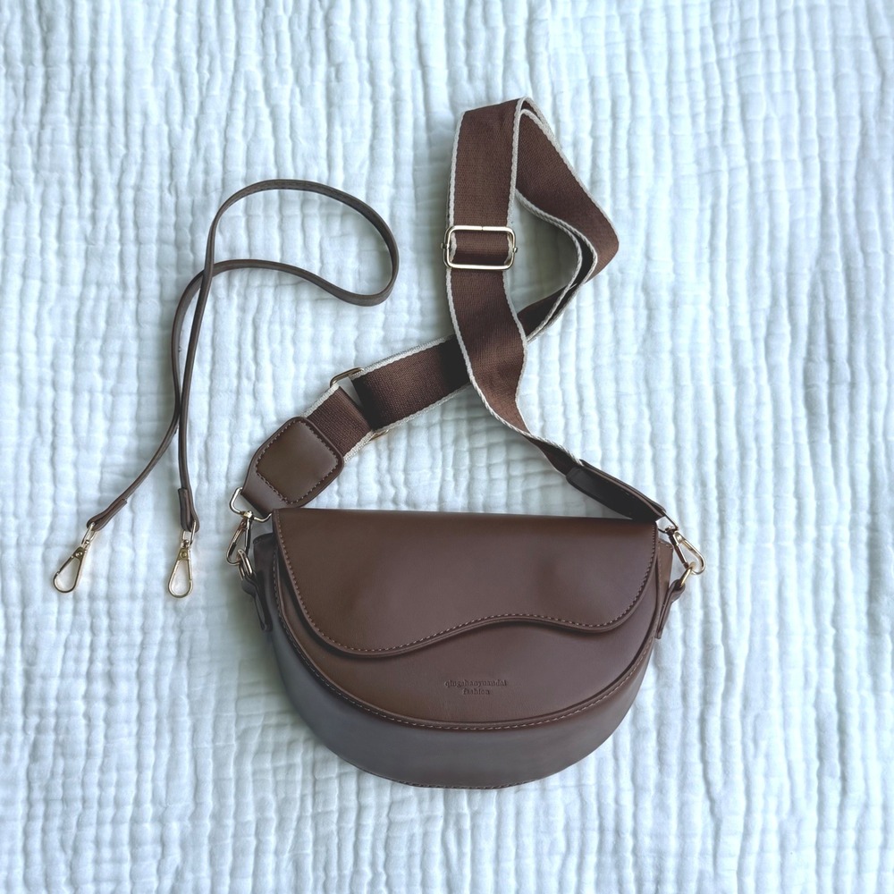 Fashion Brown Saddle Bag Crossbody with Two Straps Vegan Leather
